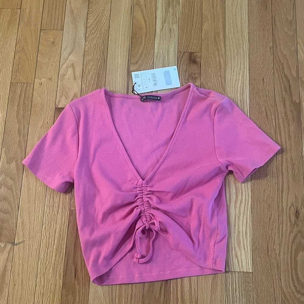 Zara Pink Gathered V-Neck Crop Top